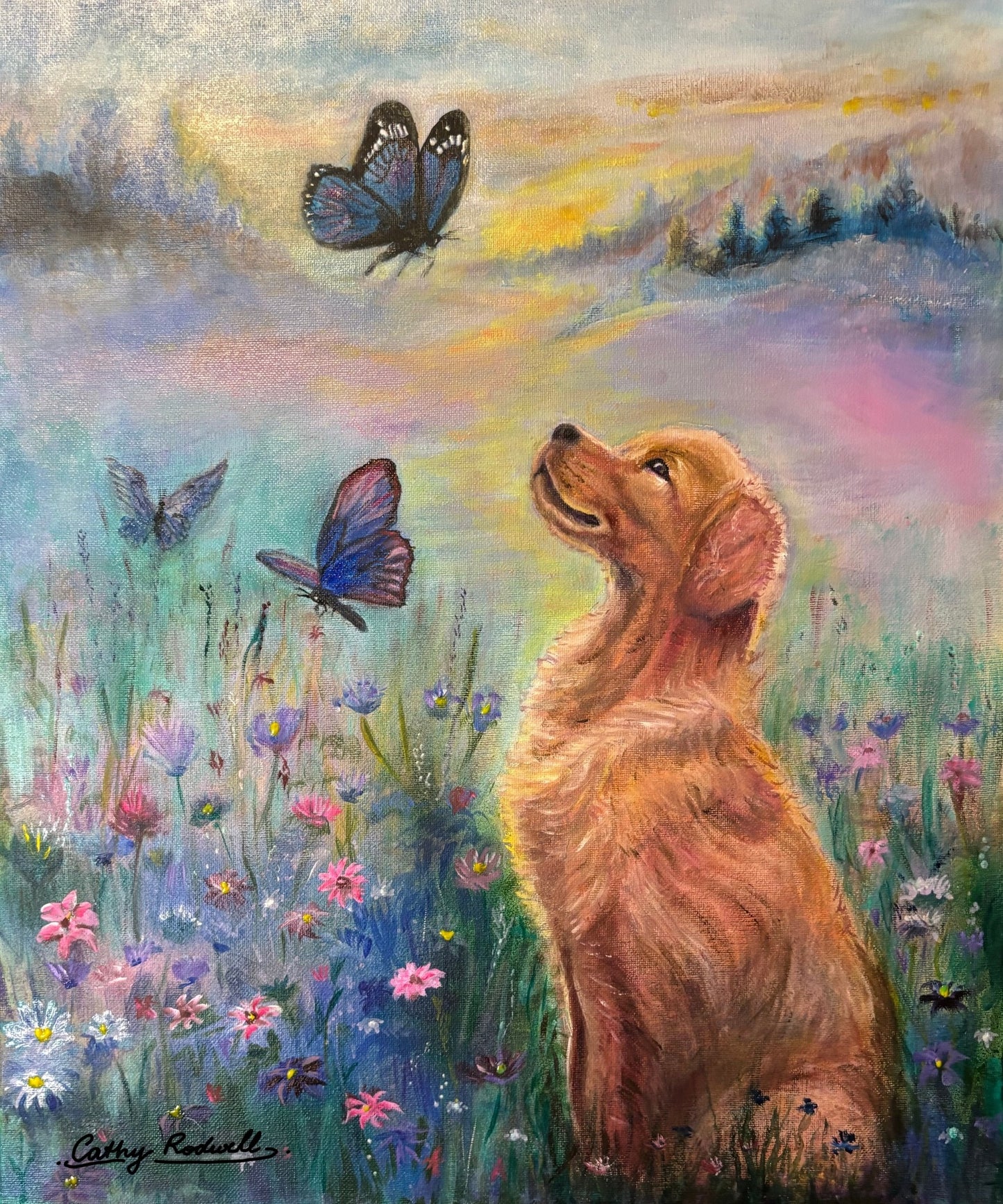 Catch Me If You Can by Cathy Rodwell, an original painting of a golden retriever puppy sitting in a wildflower meadow and looking up at blue butterflies.