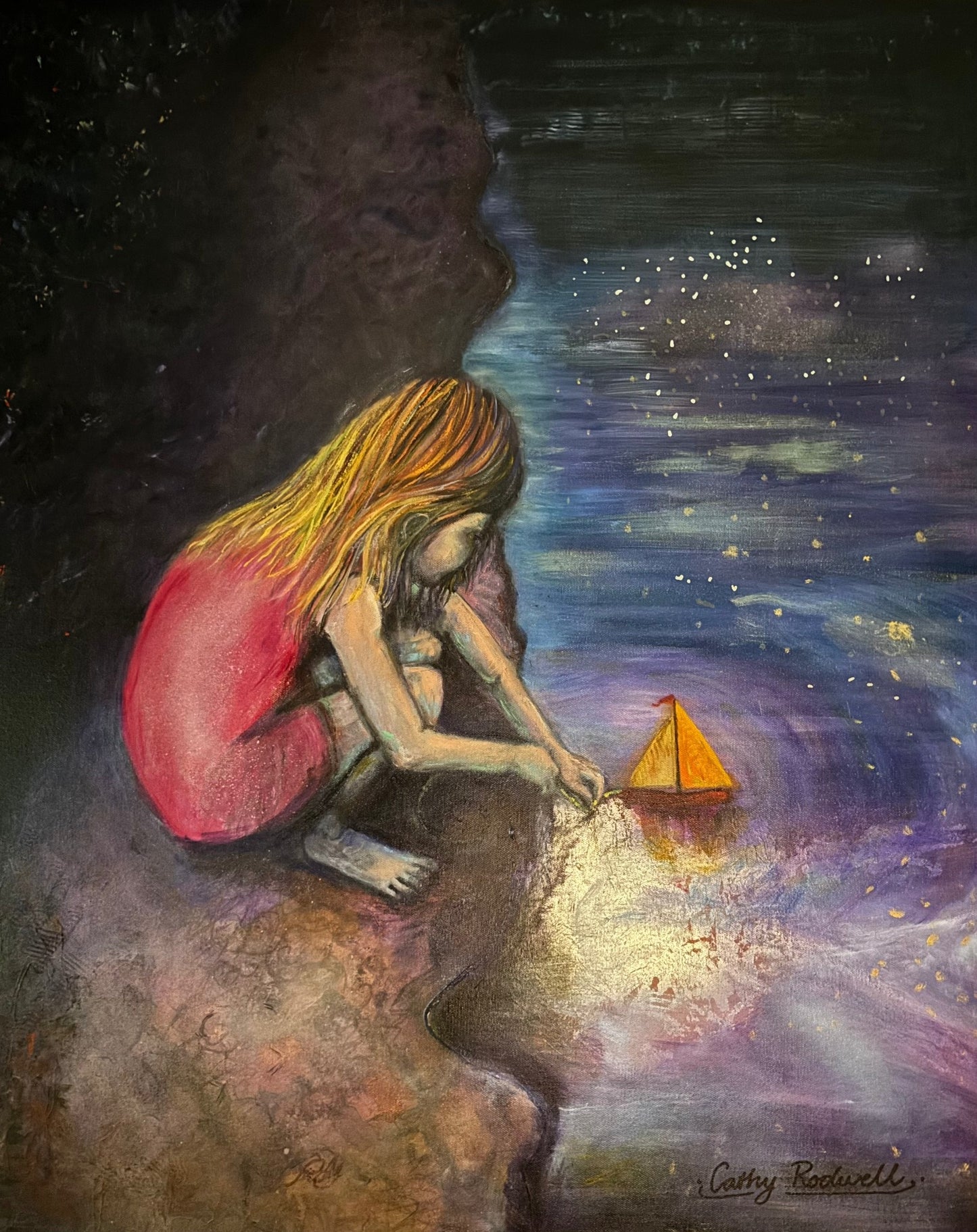 Midnight Water Play by Cathy Rodwell, an original oil painting of a young girl in a magenta dress releasing a small golden boat into swirling moonlit water.