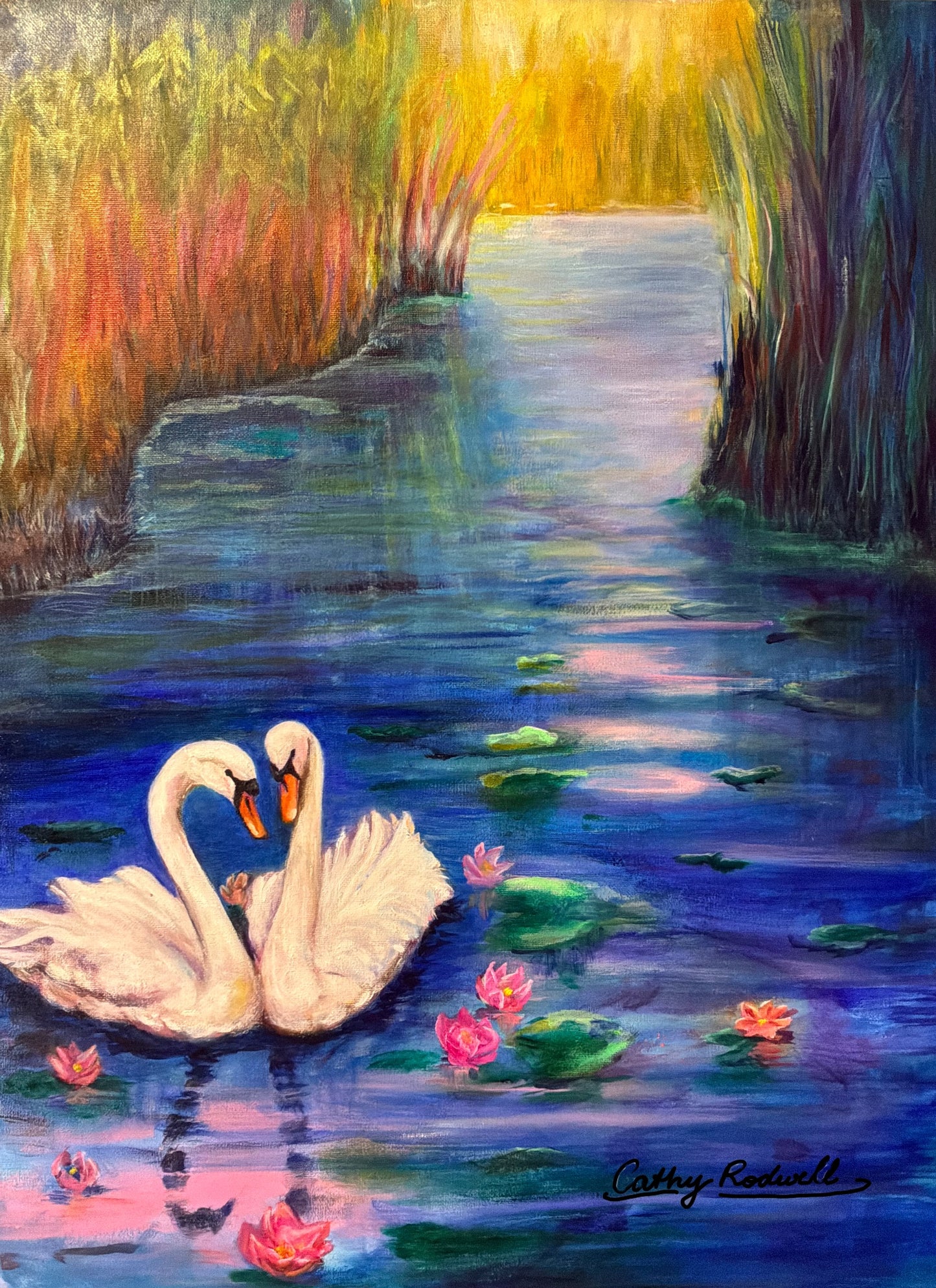 Tranquil Swans by Cathy Rodwell, an original oil painting of two white swans forming a heart shape on a lily pond at golden hour.
