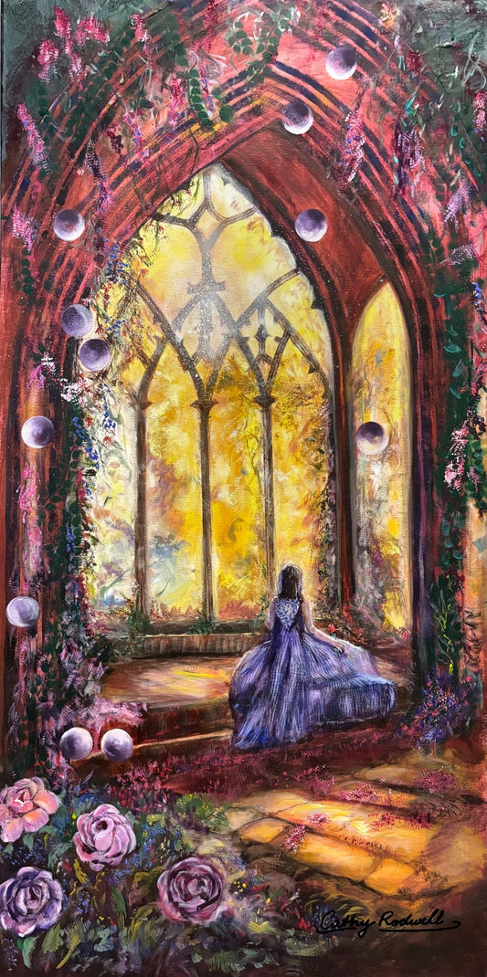 Beauty at the Window by Cathy Rodwell, a fantasy floral painting of a woman in a violet gown seated before a glowing gothic window framed by flowers.