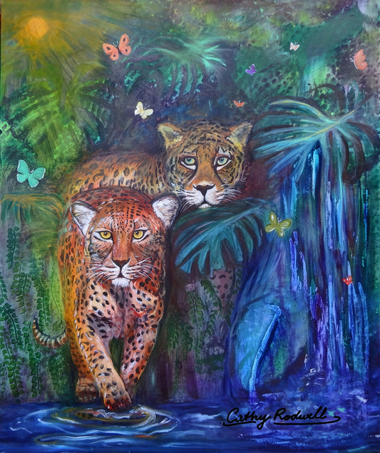  Big Cats Come Out by Cathy Rodwell, an original oil painting of two jaguars emerging through shallow water in a vibrant Amazon rainforest.