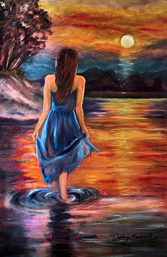 Bribie Girl by Cathy Rodwell, a coastal sunset painting of a woman in a blue dress standing in shallow water beneath a glowing moon.