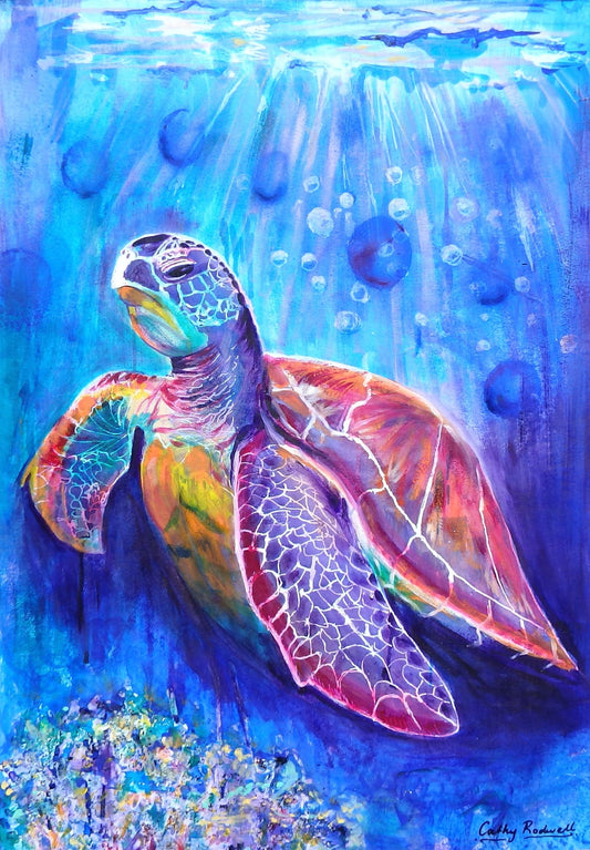 Coral Dreamweaver by Cathy Rodwell, an original mixed media artwork of a luminous sea turtle gliding through radiant blue underwater light.