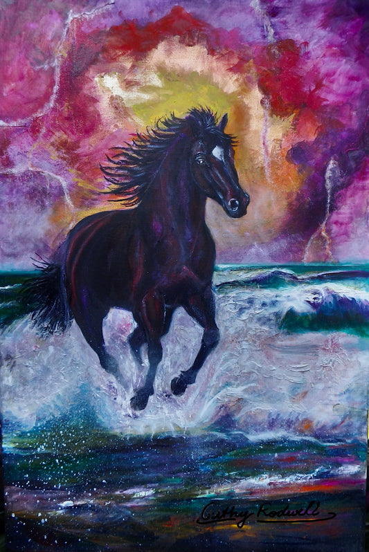 Fire Horse by Cathy Rodwell, an original painting of a black stallion galloping through turquoise waves beneath a glowing pink, gold, and purple sky.