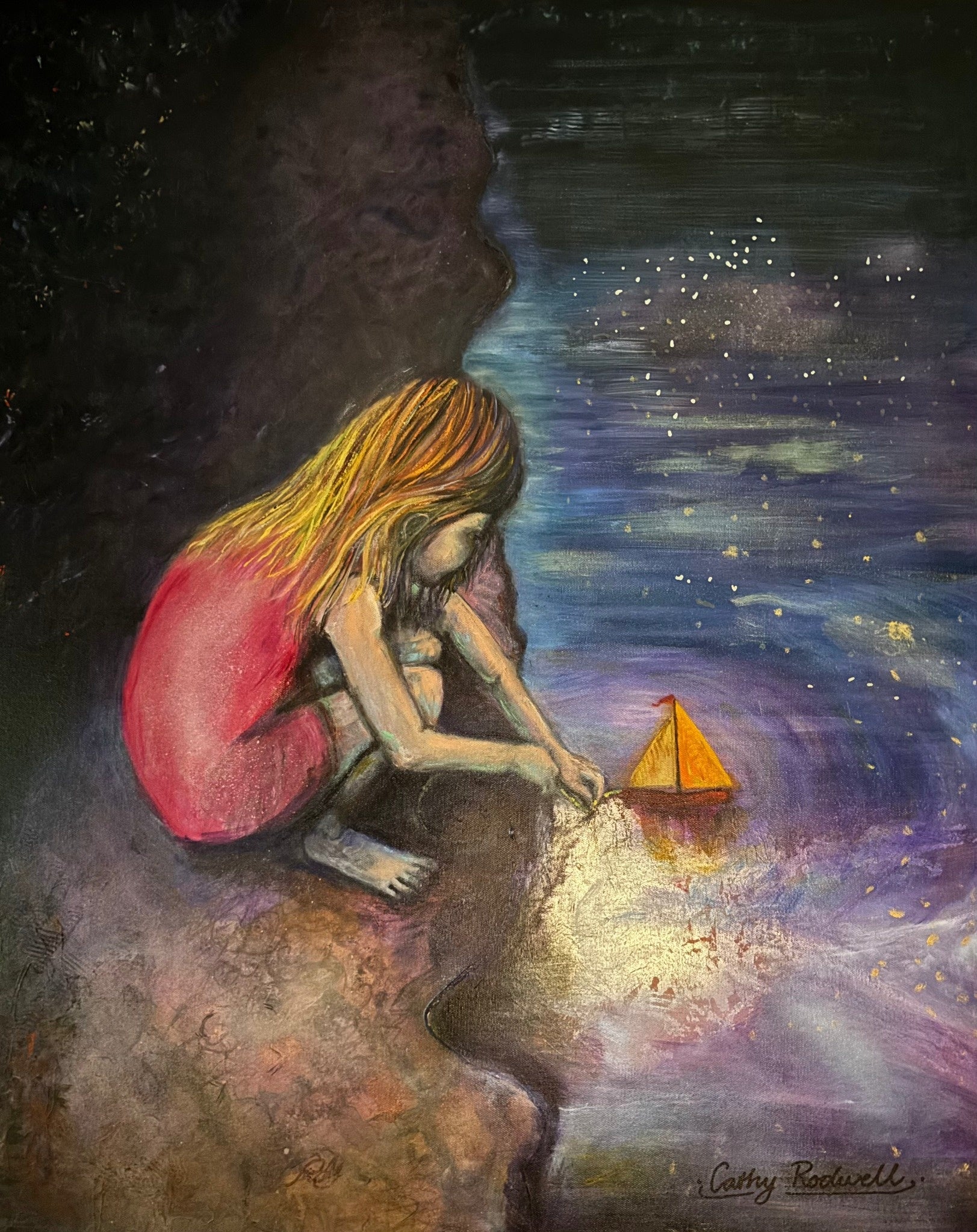 Midnight Water Play by Cathy Rodwell, an original oil painting of a young girl in a magenta dress releasing a small golden boat into swirling moonlit water.