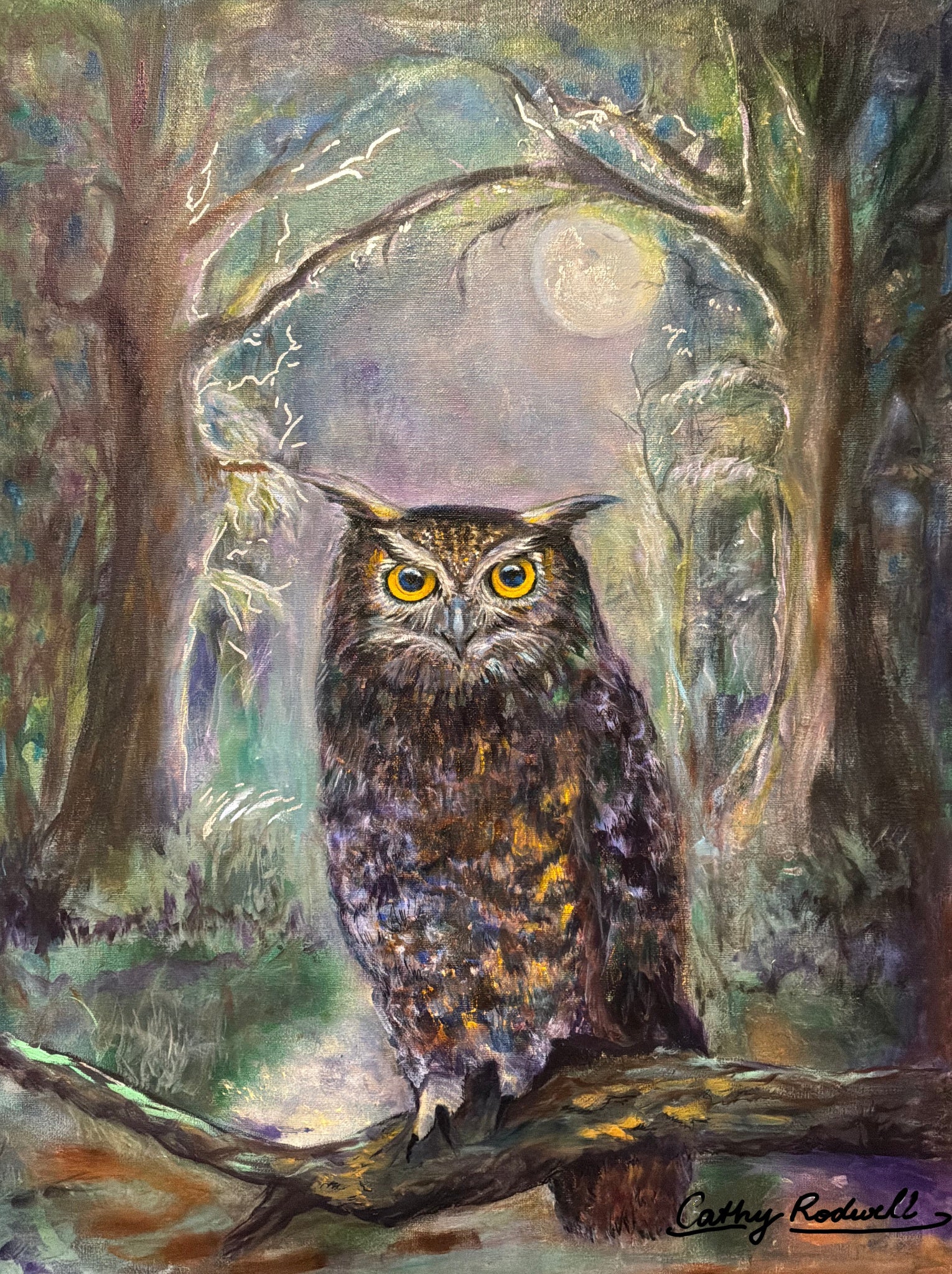 Night Guardian by Cathy Rodwell, an original oil painting of a great horned owl perched on a branch in a misty moonlit forest.