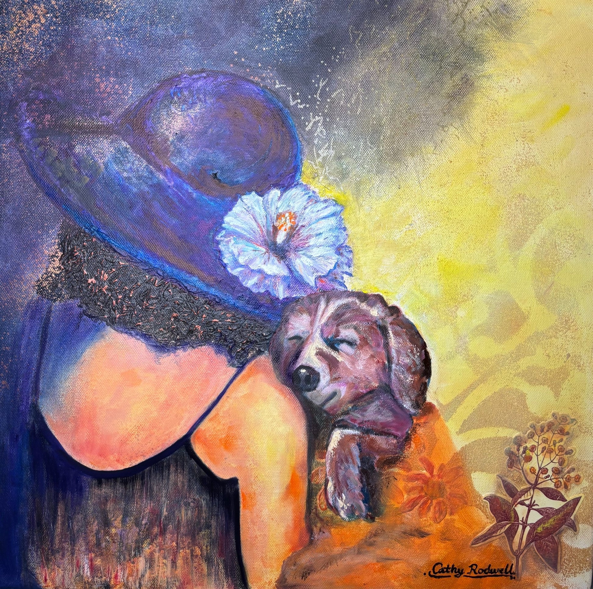Puppy Cuddles by Cathy Rodwell, an original mixed media painting of a woman in a wide-brimmed hat holding a sleeping dachshund puppy.