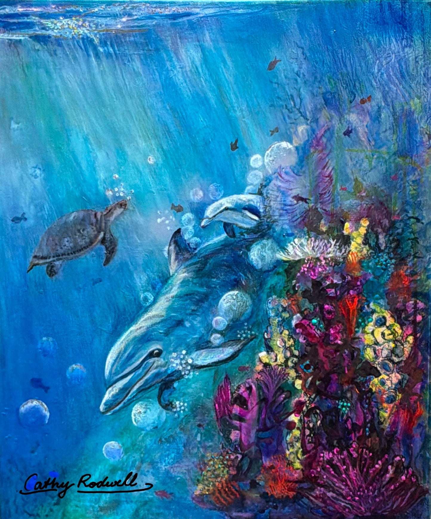 Reef Ballet by Cathy Rodwell, an original oil painting of a dolphin and sea turtle swimming through a colourful coral reef in radiant blue water.