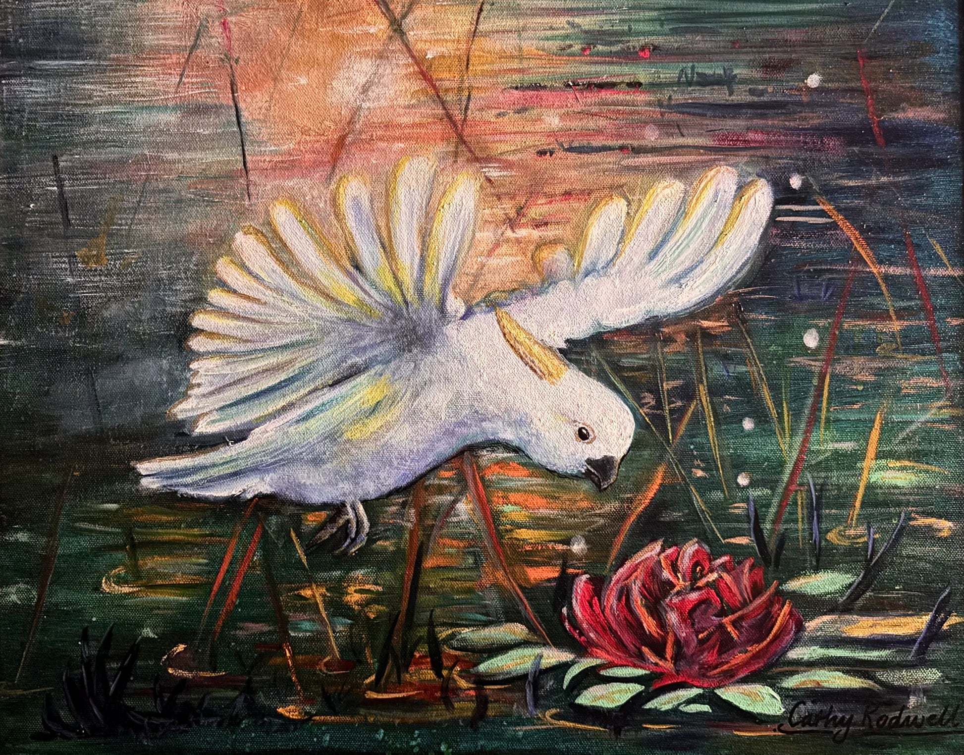 Discover Wings Above the Lotus by Cathy Rodwell, an original oil painting of a sulphur-crested cockatoo above a crimson lotus, framed in a gold wooden floater frame.